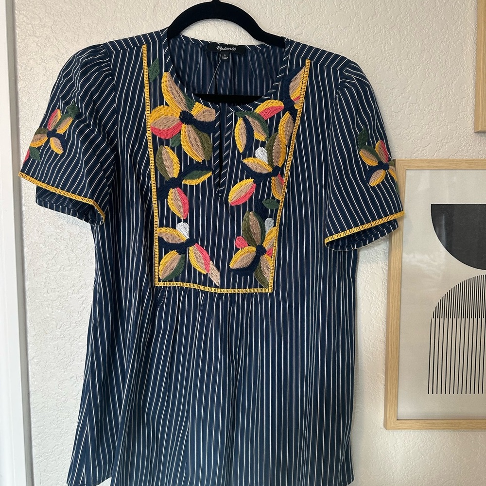 Madewell Navy Striped Blouse with Colorful Embroidery